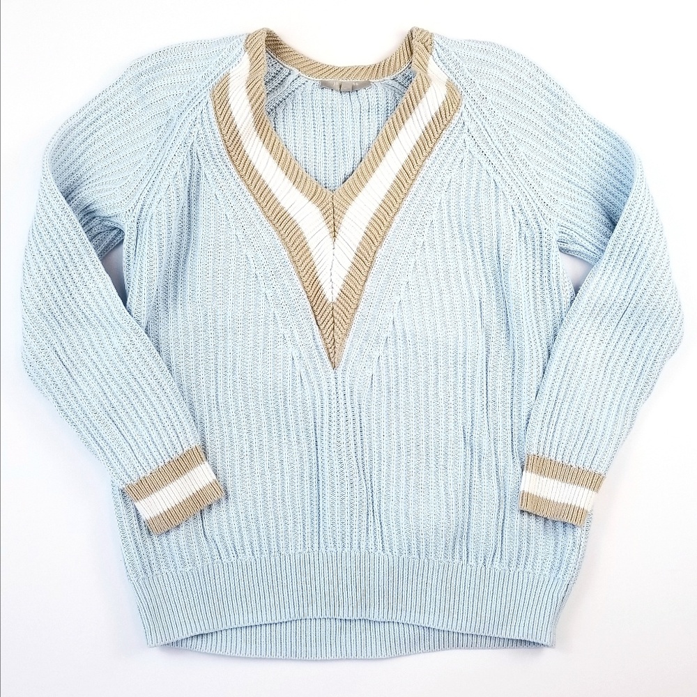 Joan Vass Blue V Neck College Sweater Medium
